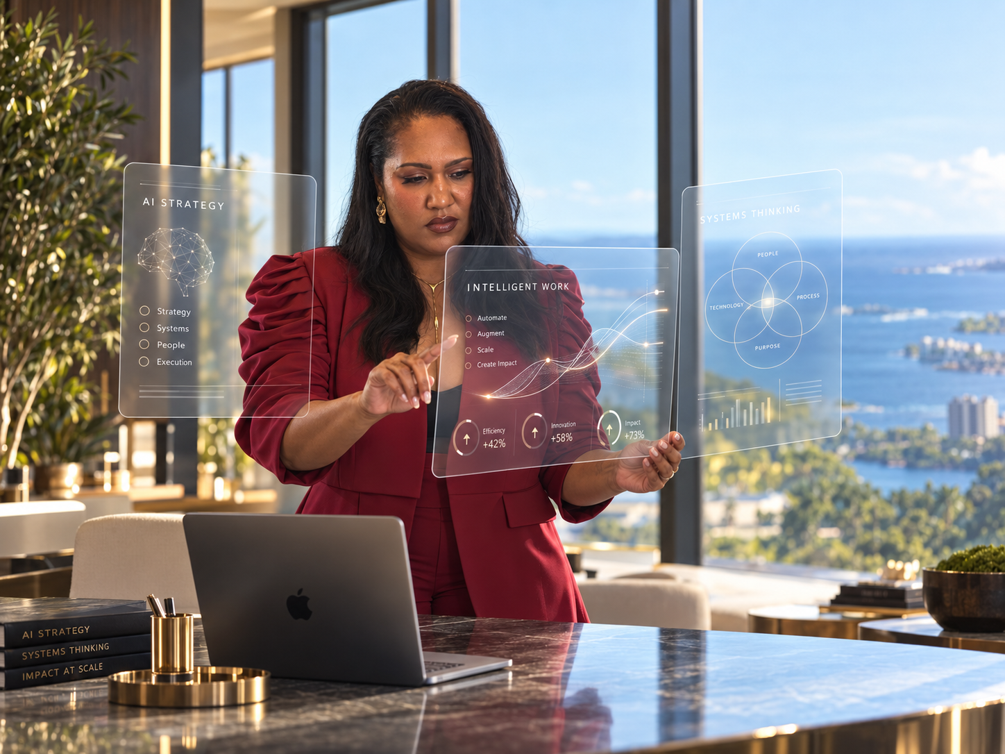 Christina Lane reviewing AI strategy, intelligent work, and systems thinking panels in a sunlit office